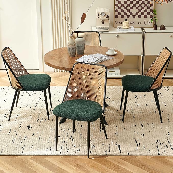 Green Dining Chairs Set of 4, Upholstered Home Kitchen Chairs Woven Rattan Ba...