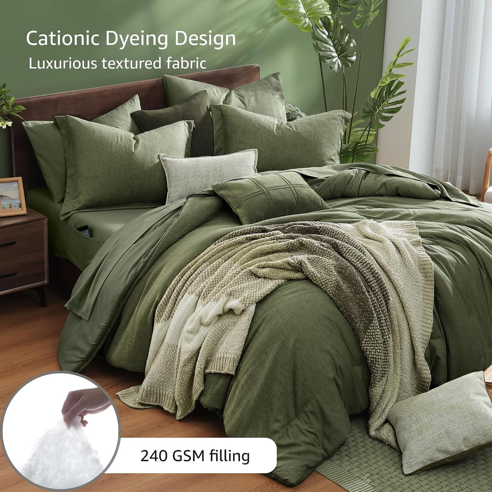Monbix Queen Comforter Set Olive Green 7 Pieces Bed in a Bag