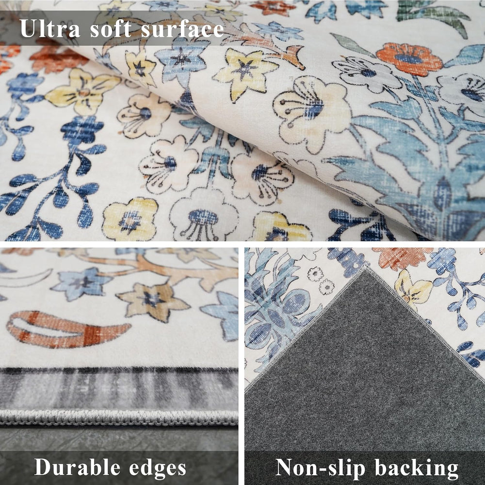 Area Rugs 8x10 Washable Non-Slip: Floral Vintage Rug for Living Room Beige