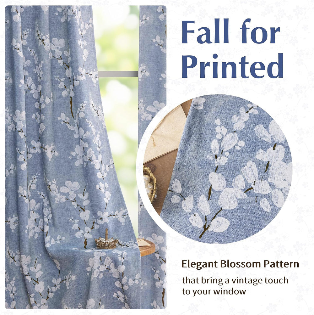 FMFUNCTEX Blue Blackout Floral Curtains for Bedroom, 63 Inches, 2 Panels
