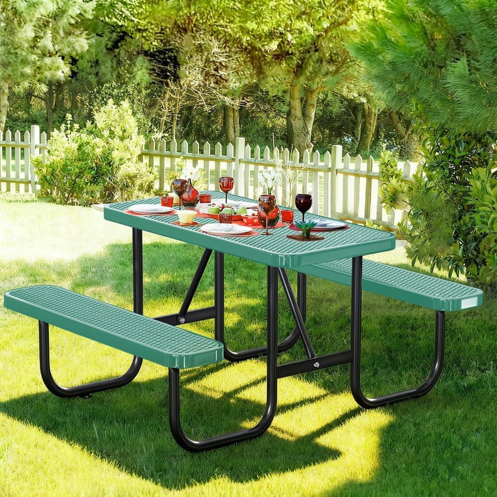 Heavy Duty Picnic Table with Umbrella Hole, Expanded Meta Outdoor Metal Patio...