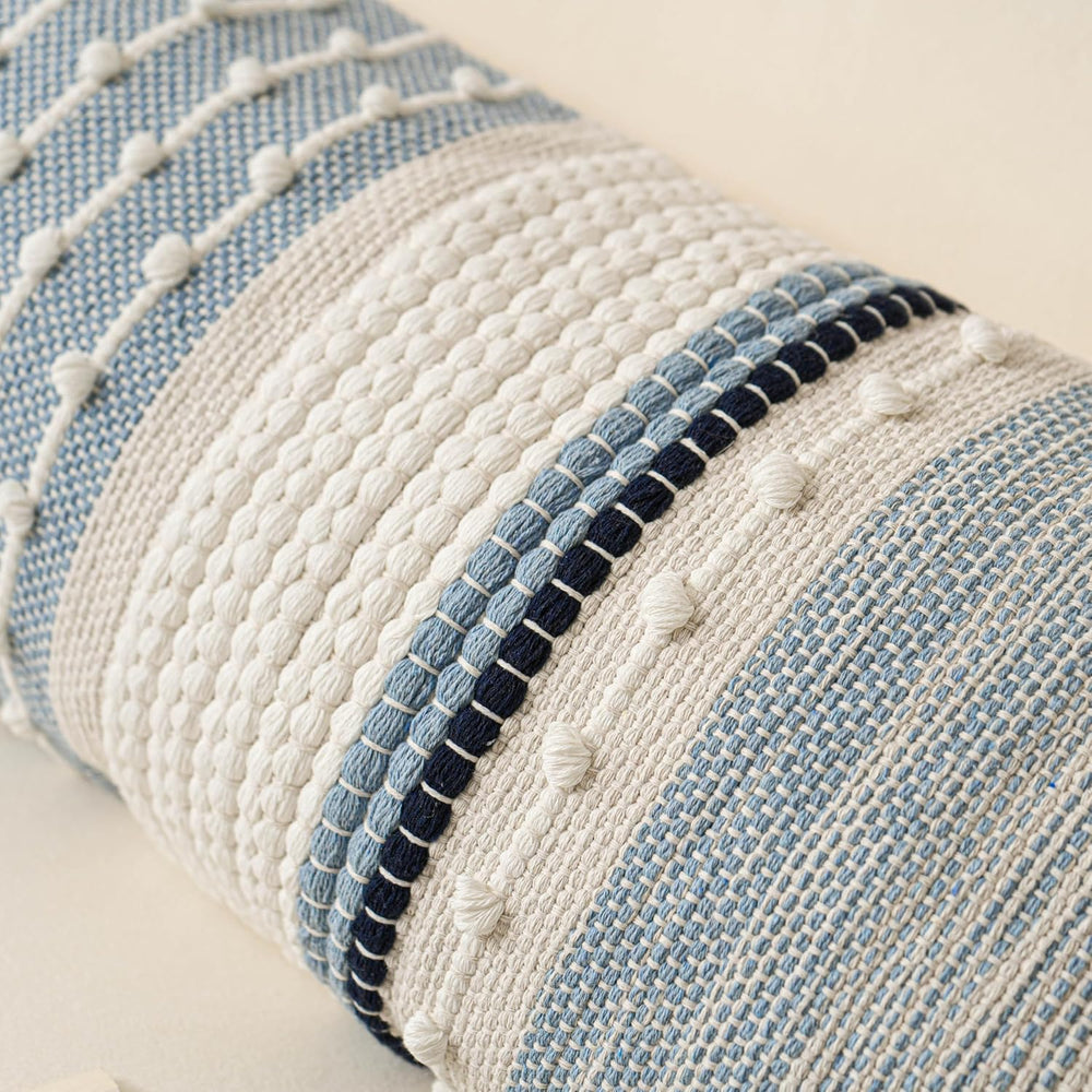 BlissBlush Coastal Blue Decorative Lumbar Pillow Cover 14x36 Boho Long Body P...