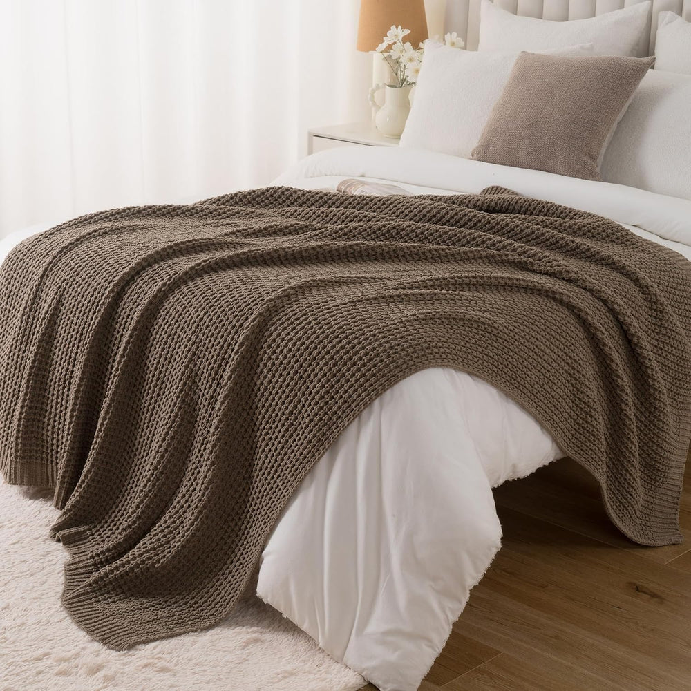 Knitted Waffle Throw Blanket , Camel Tan Throw Blanket for Couch 50"x60&...