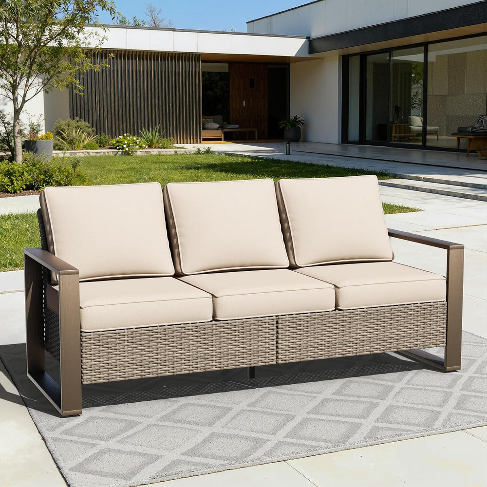 75" Patio Metal Wicker Sofa, All Weather Outdoor Rattan 3-Seat Sofa Couc...