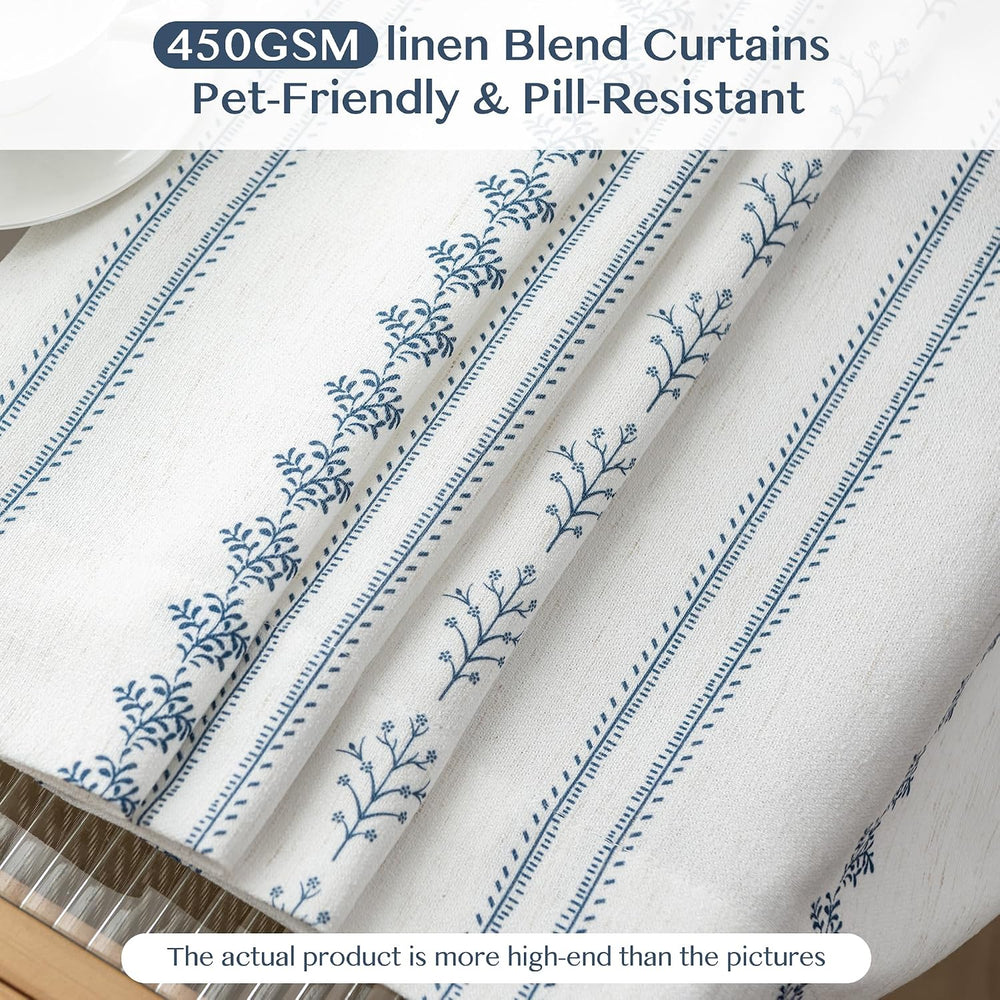 Navy Blue Floral Pinch Pleated Curtains 96 Inches Long, Block Print Vintage F...
