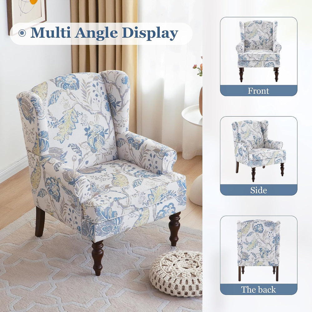 HUIMO Printed Wingback Accent Chair, Linen Upholstered High Back Armchair, Co...