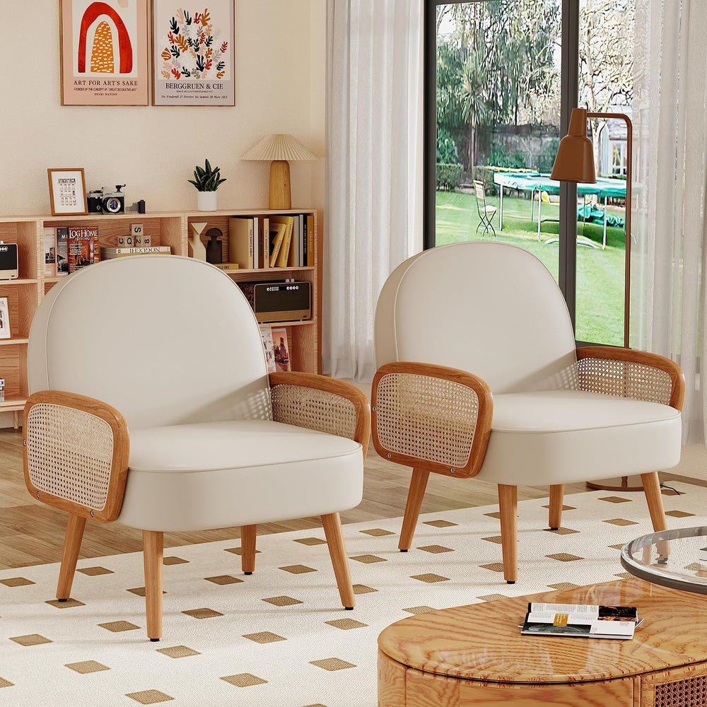 Aklaus Mid Century Modern Accent Chairs Set of 2 Upholstered Rattan Faux Leat...