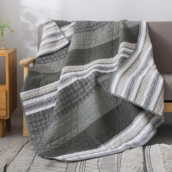 Soul & Lane - Cotton Quilted Throw Blanket, 50"x60" Gray Striped, Madrona