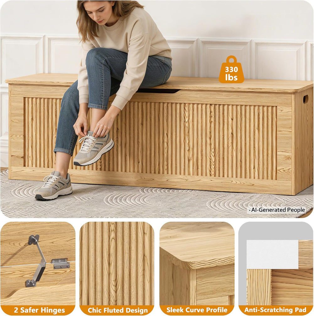 Akxomel 51.2" Fluted Storage Chest Wooden Storage Trunk 2 Safety Hinges ...
