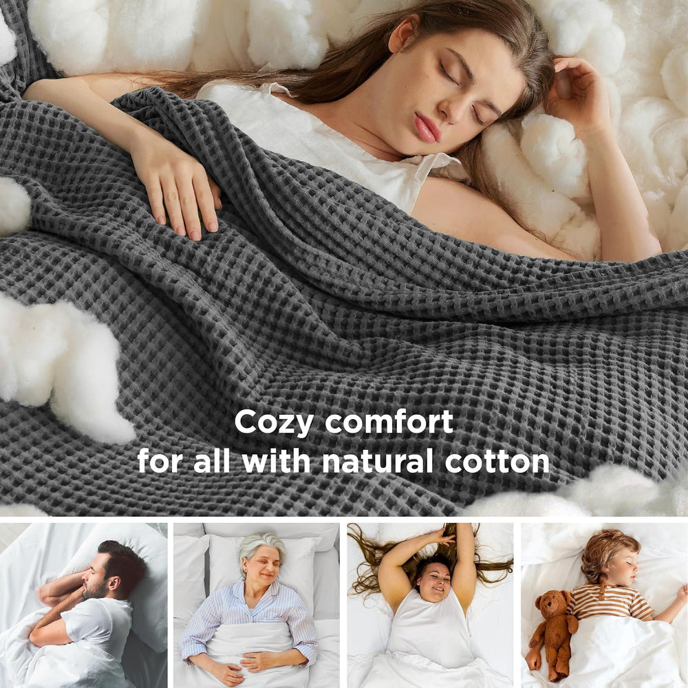 Bedsure Lightweight 100% Cotton Waffle Blanket, Throw XL, Dark Grey