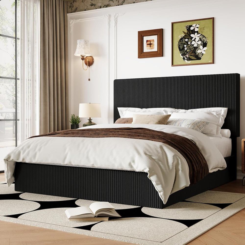 Allewie Full Bed Frame, Adjustable Corduroy Headboard, Platform, Black