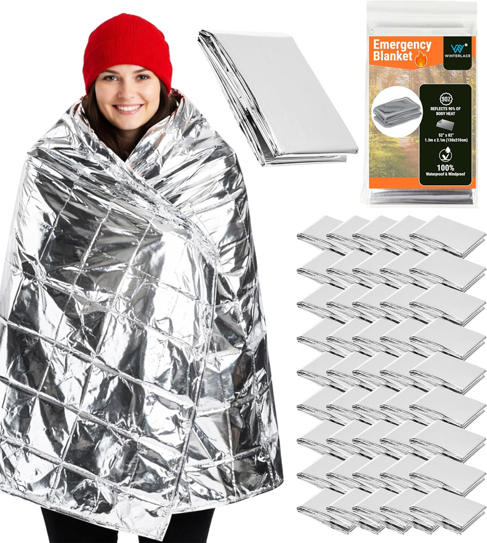 Winterlace Emergency Blankets 50-Pack (52” x 82”) Thermal Mylar Survival Resc...