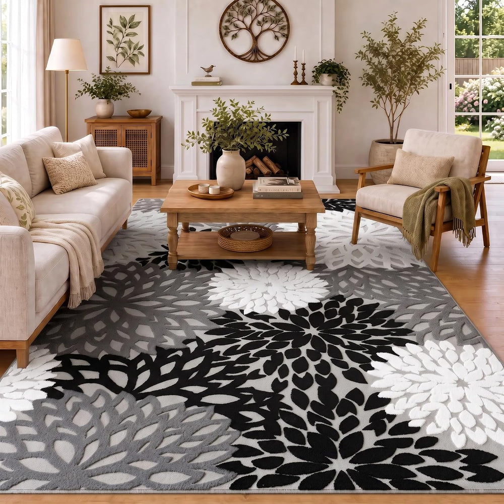 Arenarug 5x7 Area Rugs High-Low Plush Pile Washable Rug, Grey White Black