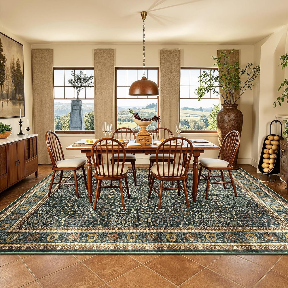 10x14 Washable Area Rug for Living Room, Non-Slip Green Boho Carpet
