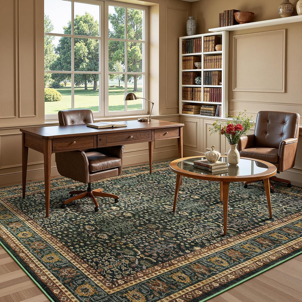 10x14 Washable Area Rug for Living Room, Non-Slip Green Boho Carpet