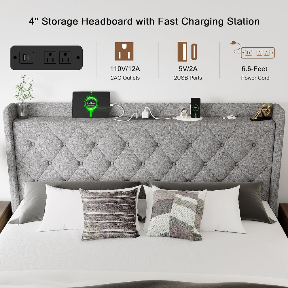 Einhomn Full Size Lift Up Storage Bed Frame with Charging Station, Upholstere...