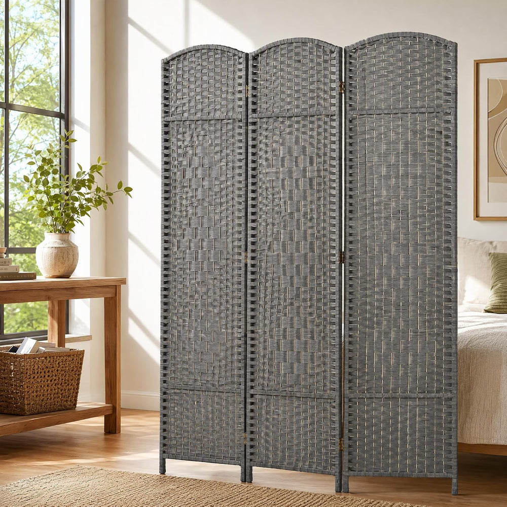 HOMCOM 3 Panel Room Divider 6 Ft Privacy Screen Hand-Woven Mixed Gray