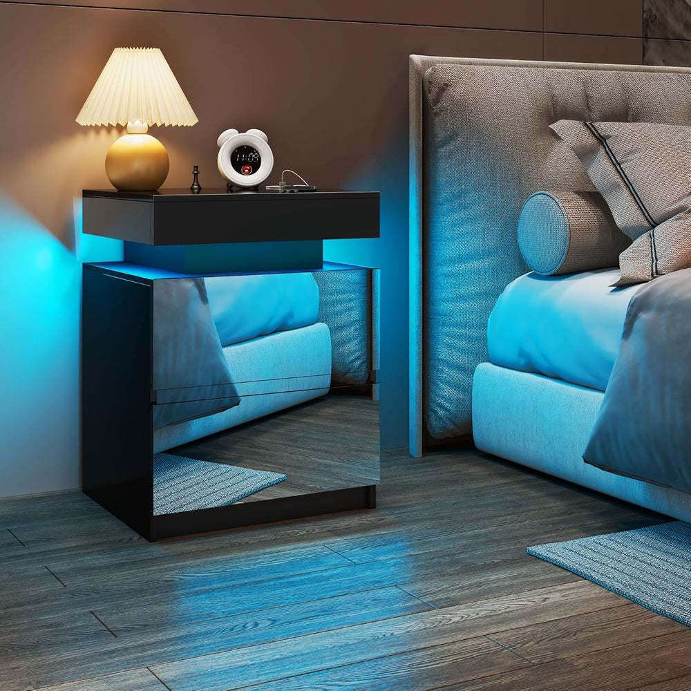 LED Mirrored Nightstand with Charging Station, Bedside Table, Black