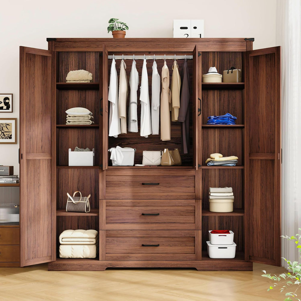 70" Tall Armoire Wardrobe Closet with 4 Doors & 3 Drawers, Farmhouse...