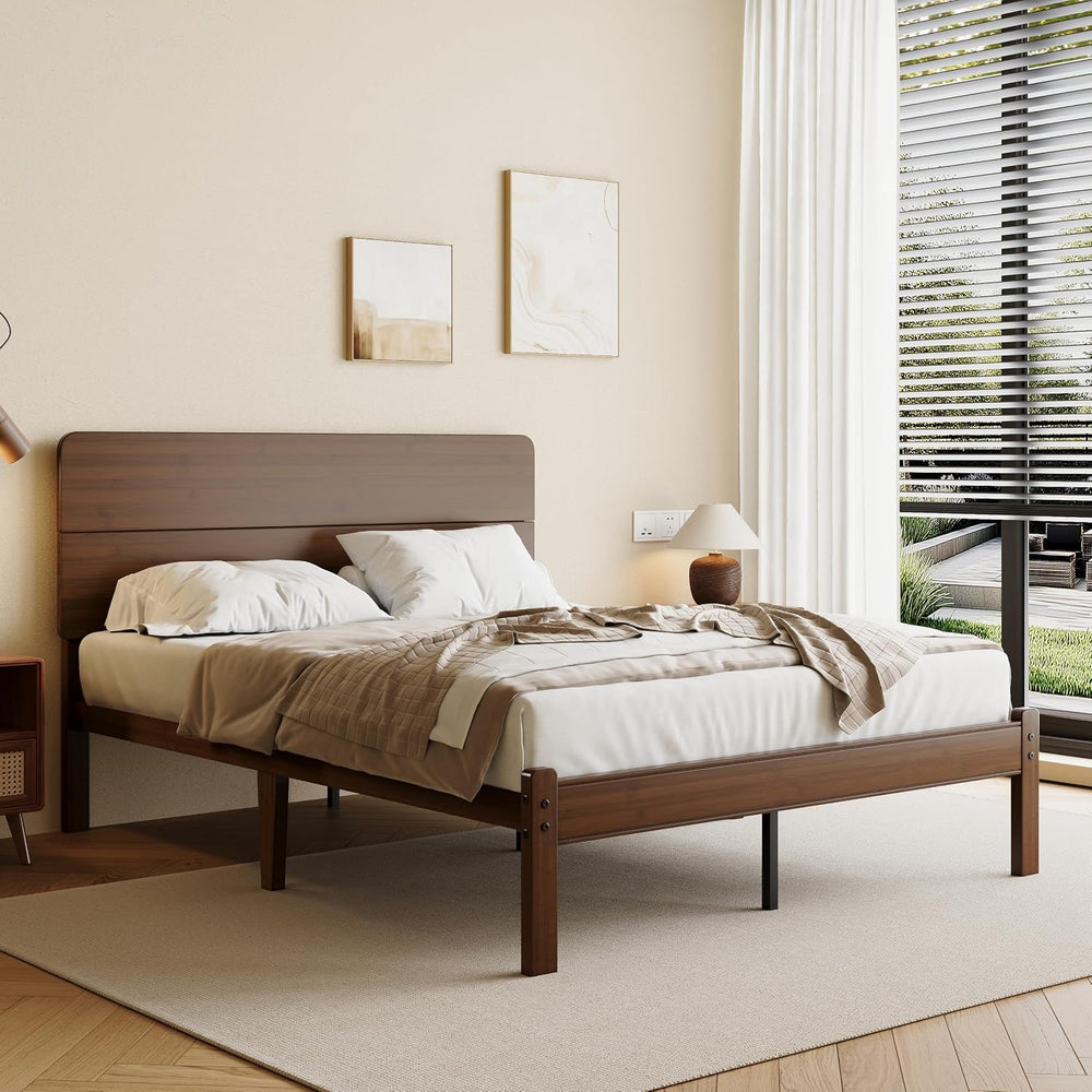 14" Solid Bamboo Wood Full Size Platform Bed Frame with Headboard