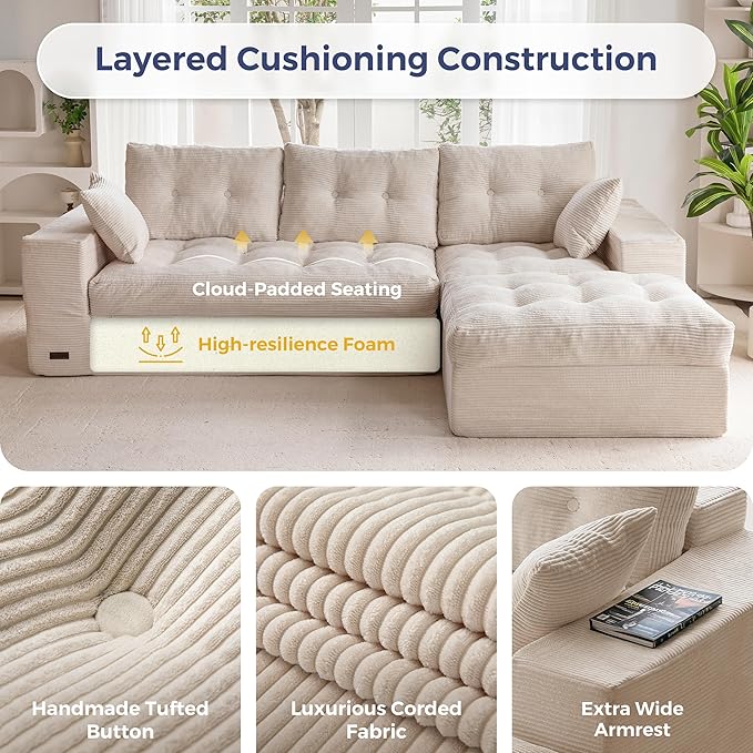 MAXYOYO 104" L Shaped Modular Sectional Sofa with Ottoman, Cloud Boneles...