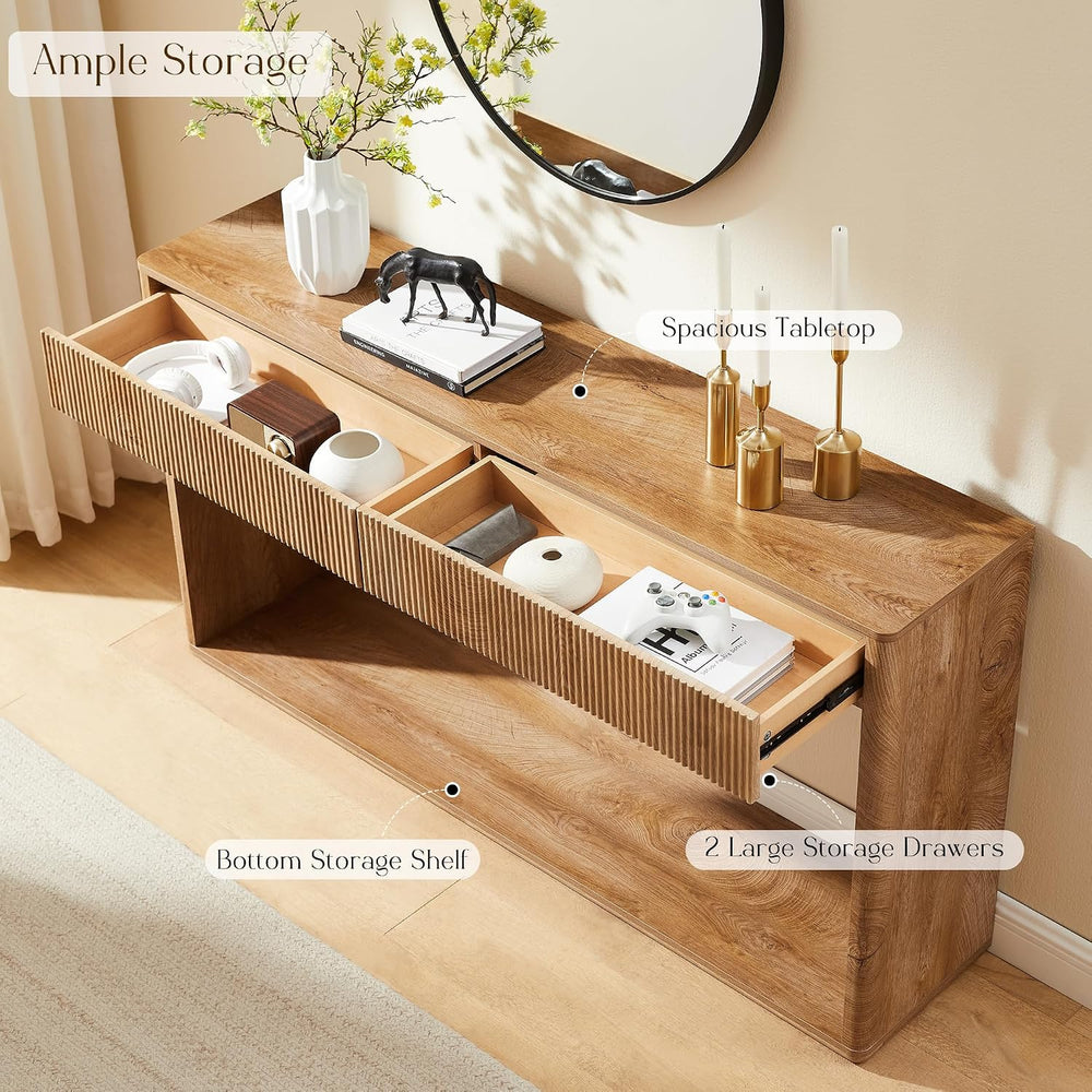 OKD 63" Fluted Console Table for Entryway with 2 Drawers, Light Knotty O...