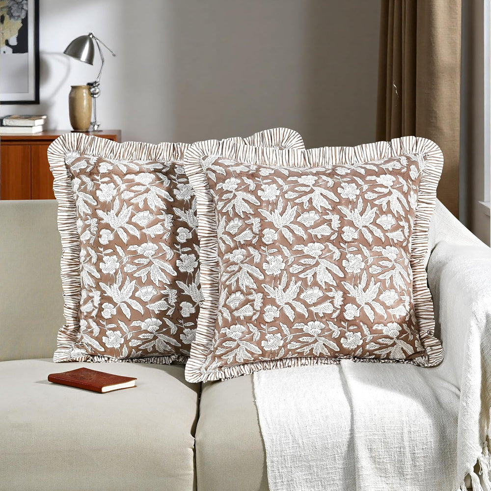 Ridhi Oak Brown Floral Block Print Throw Pillow Covers 16 x 16 Inch