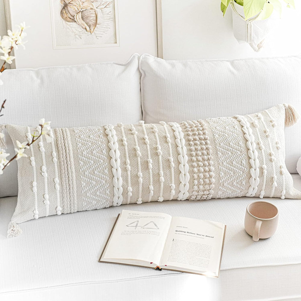 BlissBlush Cream Decorative Lumbar Throw Pillow Cover 14x36 Boho Long Cushion...