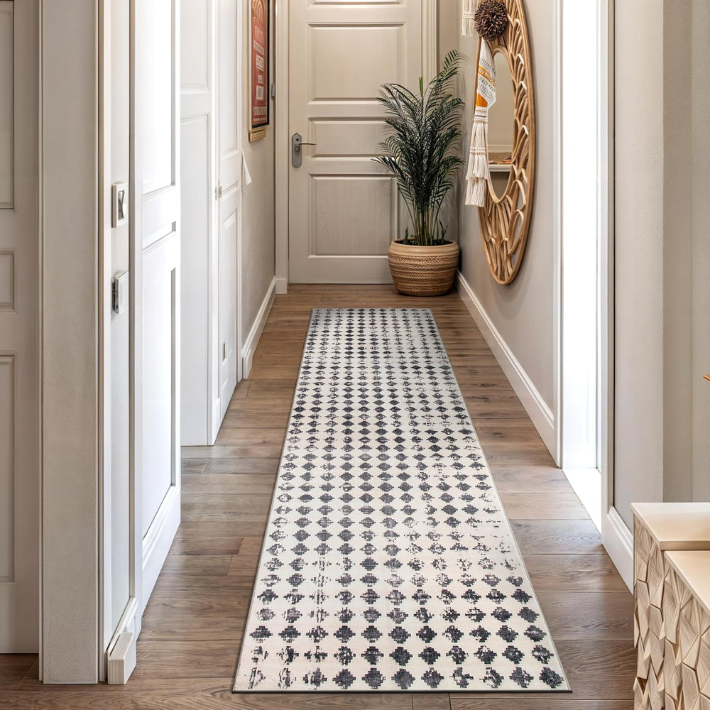 Rugshop Non-Slip Washable Distressed Abstract Runner Rug Ivory 2' x 8'