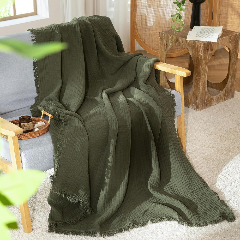 MooMee 100% Cotton Muslin Blanket, Fringed 4-Layer Gauze Bed Throw Blankets