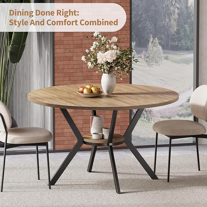 42 Inch Round Dining Table for 2–4, Farmhouse Round Kitchen Table with Storag...