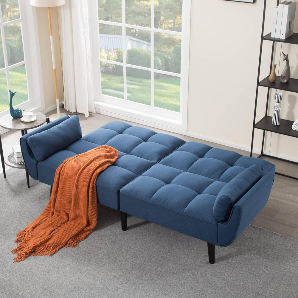 Linen Convertible Futon Couch Bed with Adjustable Backrest, Blue