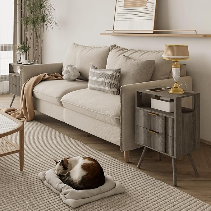 Nightstand with Charging Station and LED Lights,Modern Bedside Table with 2 S...