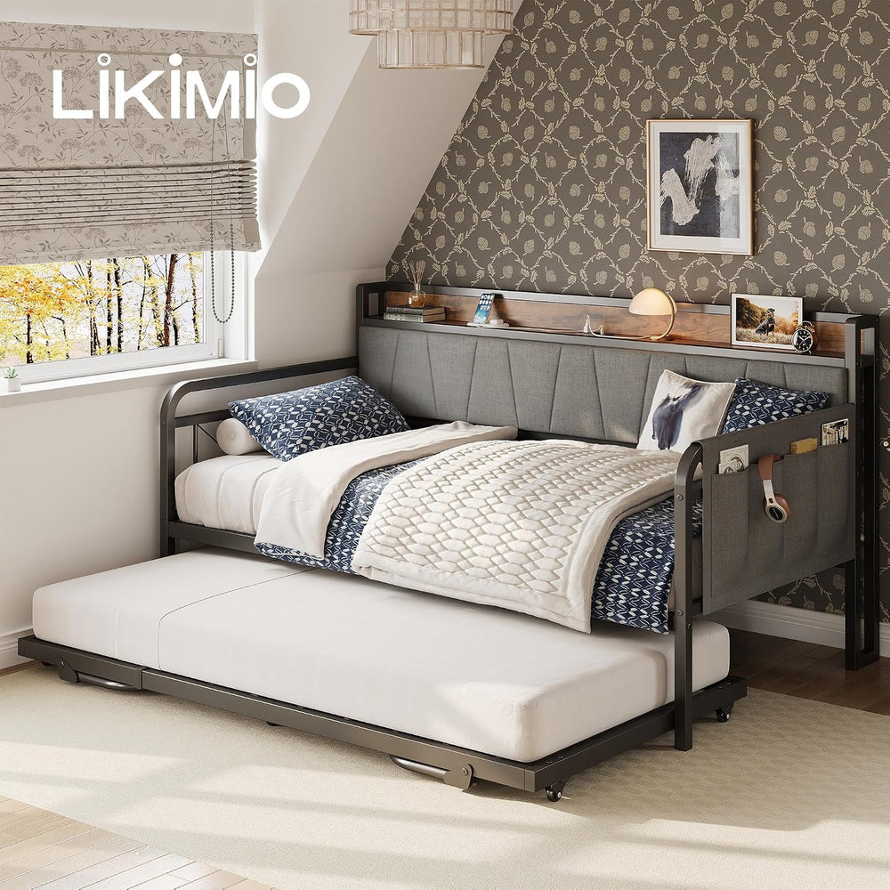 LIKIMIO Twin Daybed with Trundle, Twin Bed Frames, Grey/Brown