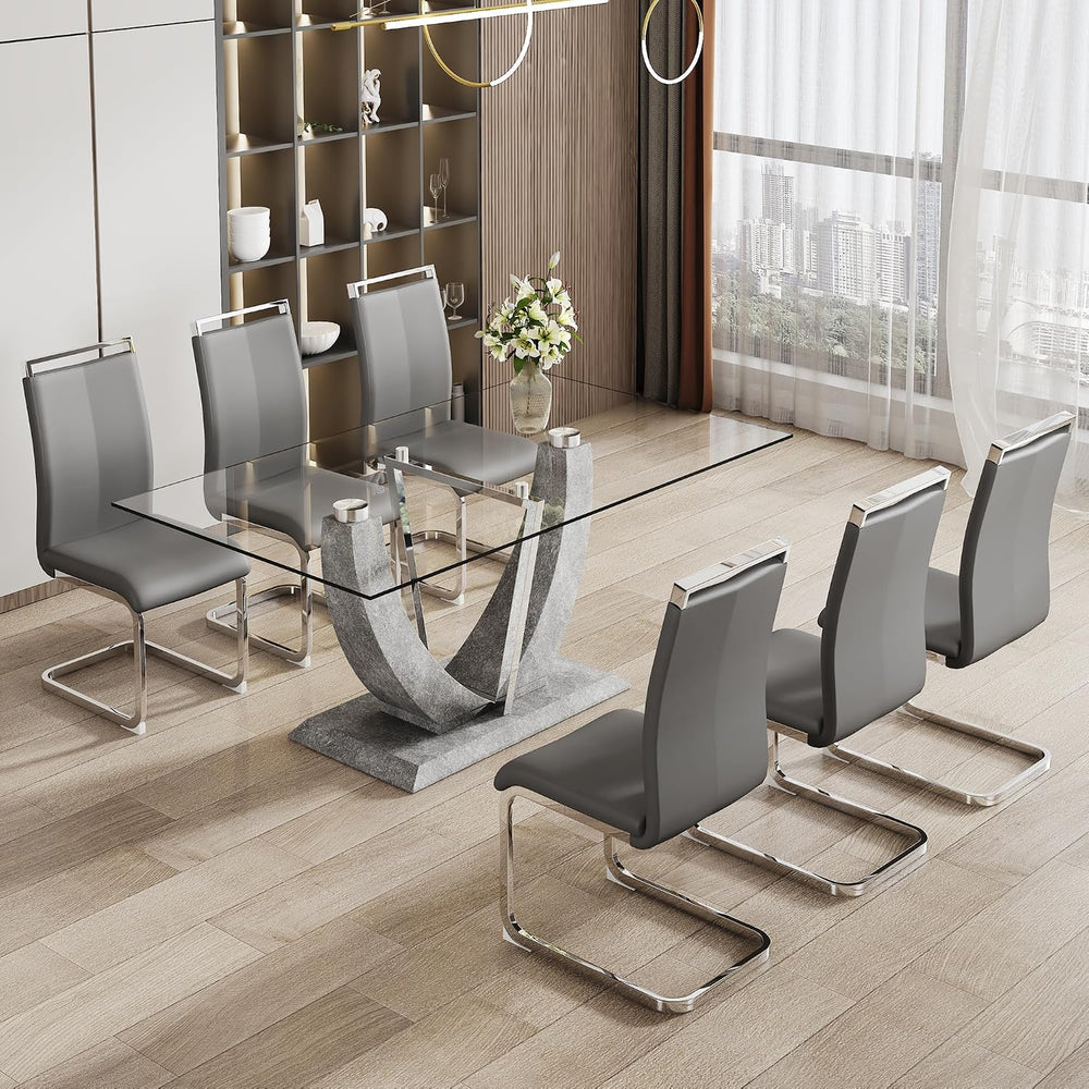 71" Glass Dining Table Set for 6, Modern Dining Room Table Set, Tempered...