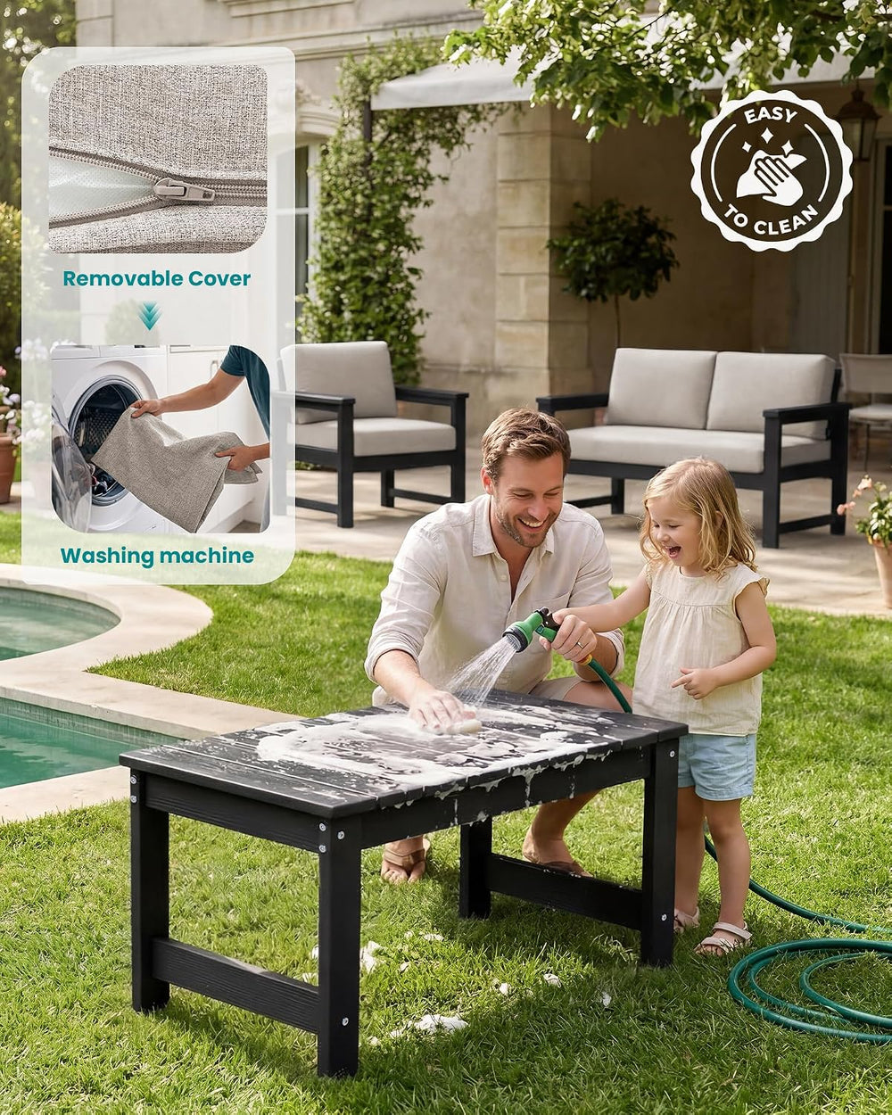 SERWALL HDPE Outdoor Loveseat with Cushion, Outdoor Sectional Furniture Set