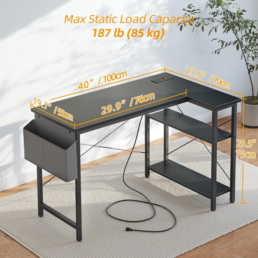 TIQLAB Gaming Desk with Power Outlets - 40 inch L Shaped Computer Desk, Rever...