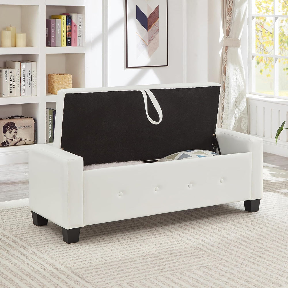48" Storage Ottoman Bench, Ivory White | Faux Leather, Lift Top, For Liv...