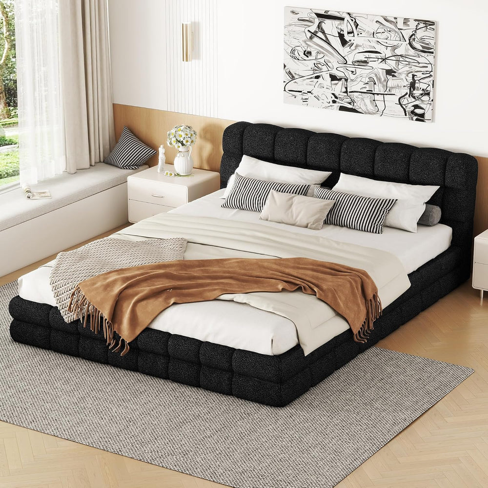SOFTSEA Queen Size Upholstered Platform Bed, Fleece Floor Bed with Tufted Hea...