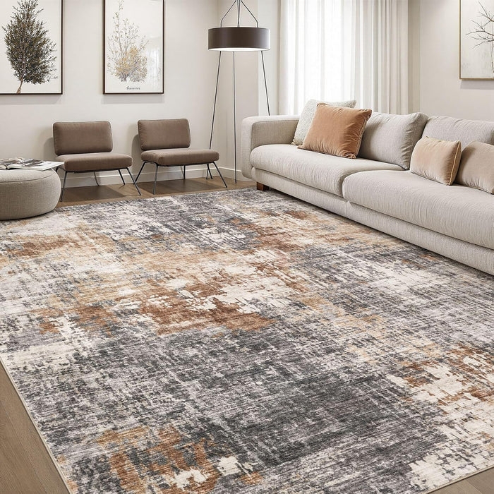 DMOYEST Area Rug Living Room Rugs - 9x12 Washable Large Soft Indoor Neutral Modern Abstract Low Pile Rug Carpet for Bedroom Dining Room Farmhouse Home Office - Grey Brown