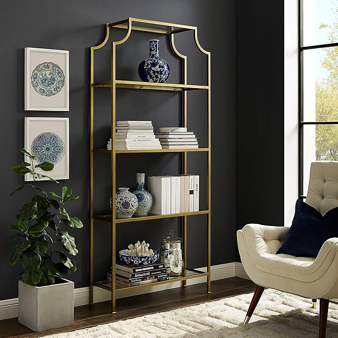 Crosley Furniture Aimee Bookshelf with Glass Shelves, Bookcase Storage, Gold ...