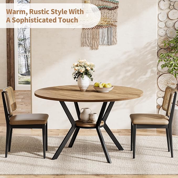 42 Inch Round Dining Table for 2–4, Farmhouse Round Kitchen Table with Storag...