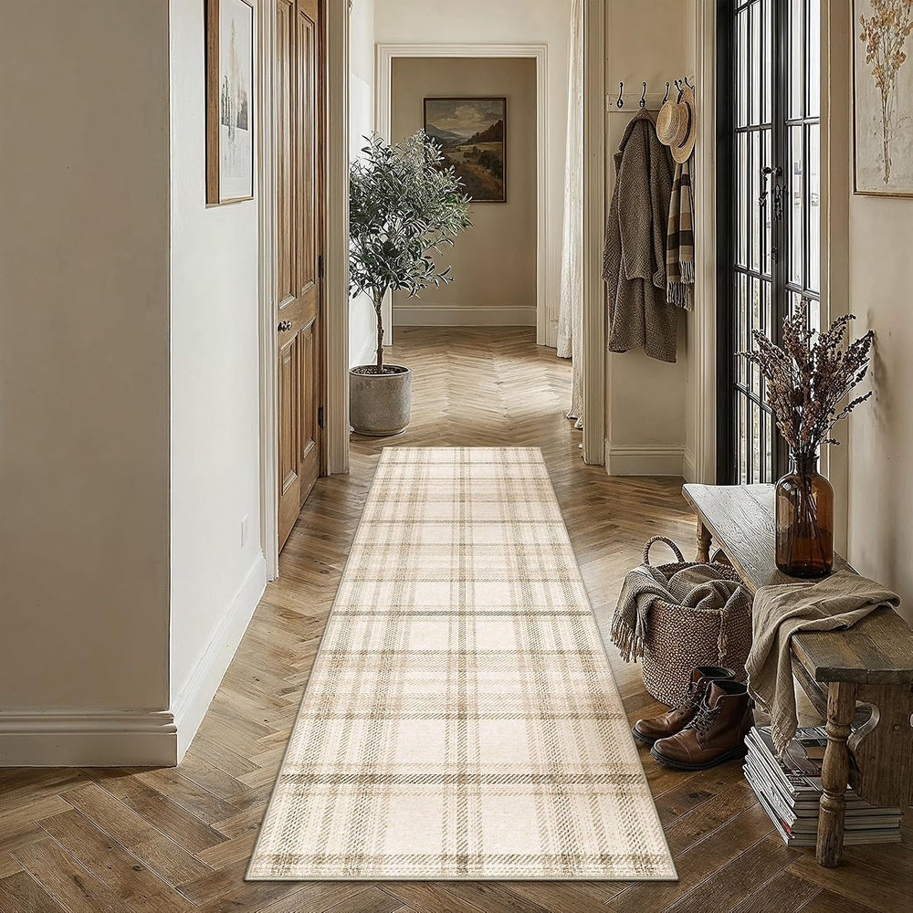 2x6 Beige Plaid Kitchen Runner Rug