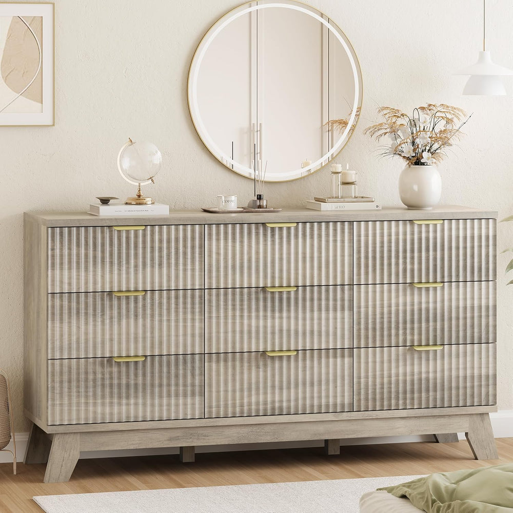 Fluted Dresser for Bedroom with 9 Drawers, 57" Wide Modern Chest of Draw...