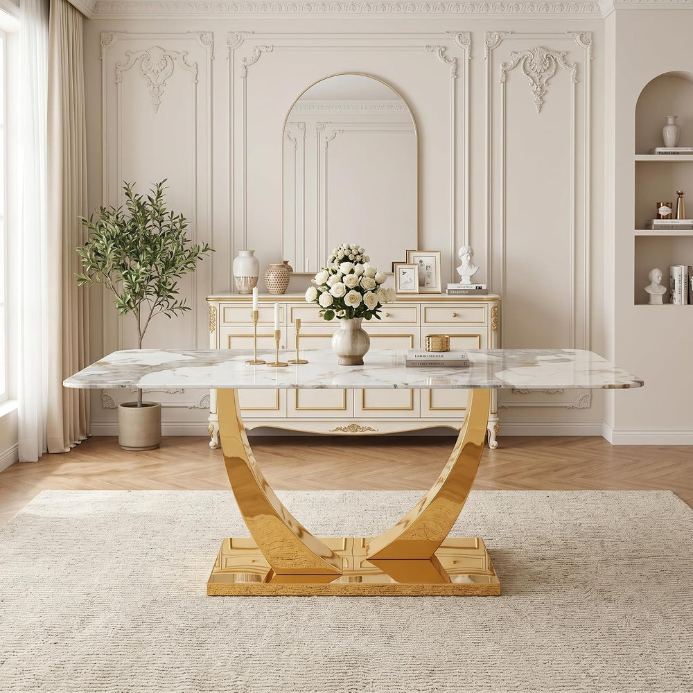 Faux Marble Dining Table, 71" Modern Dining Table, White, for 6-8