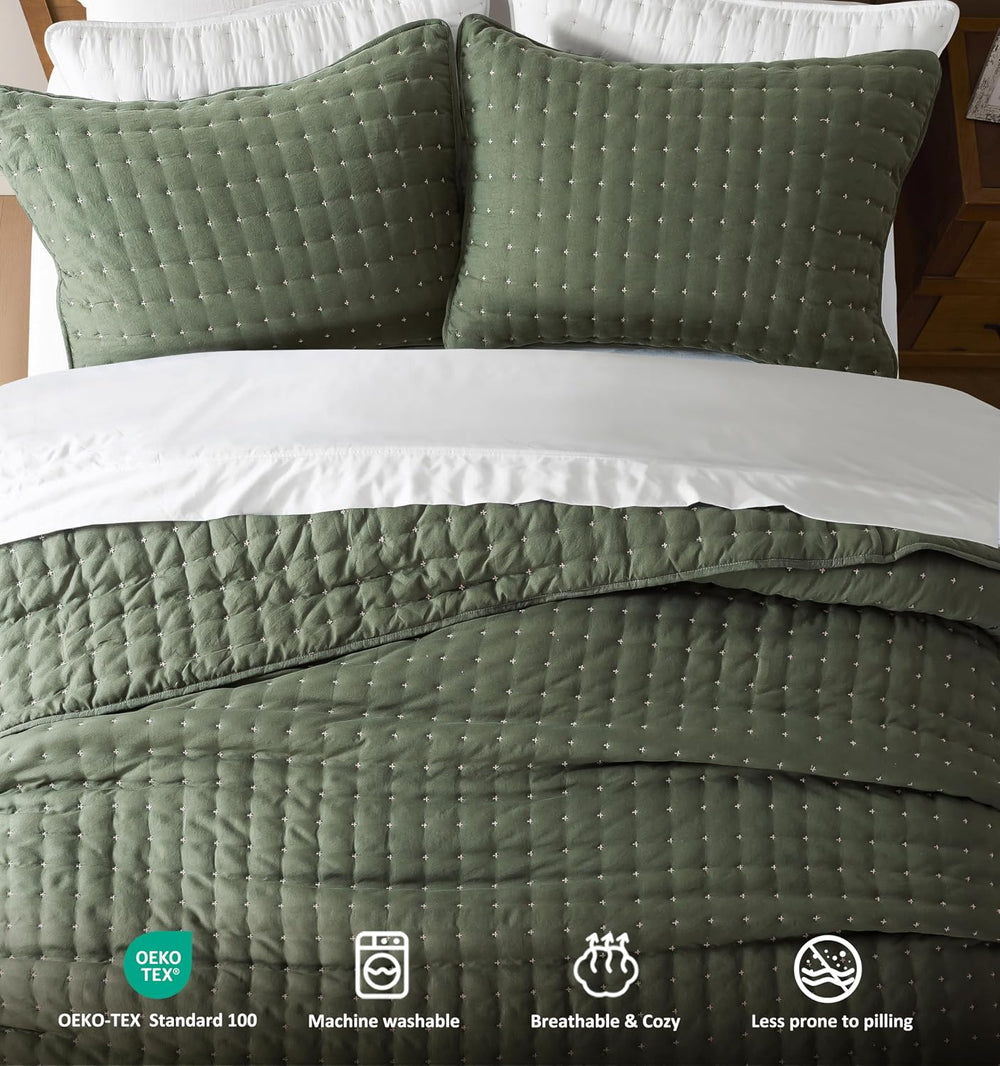 WDCOZY Cloud Soft Quilt Set, King Size, Moss Green, 3 Pieces 104x90 inches