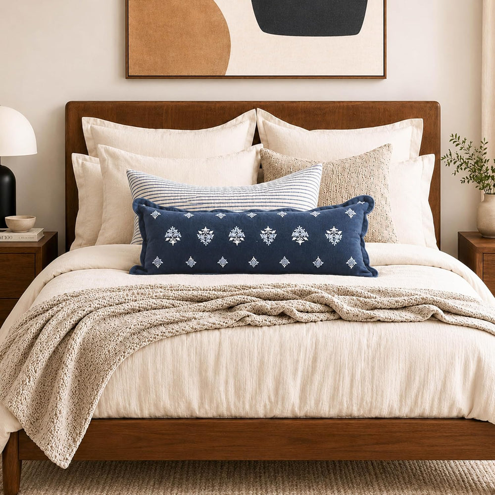 BlissBlush Long Lumbar Pillow Cover 14x36 for Bed, Navy Blue Velvet Decorativ...