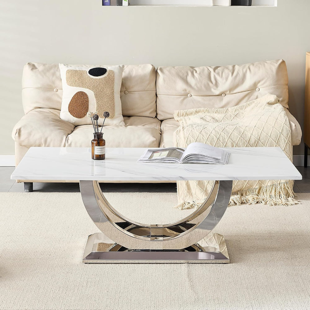 Henf Modern 50" Coffee Table White Faux Marble Center Table with Silver ...