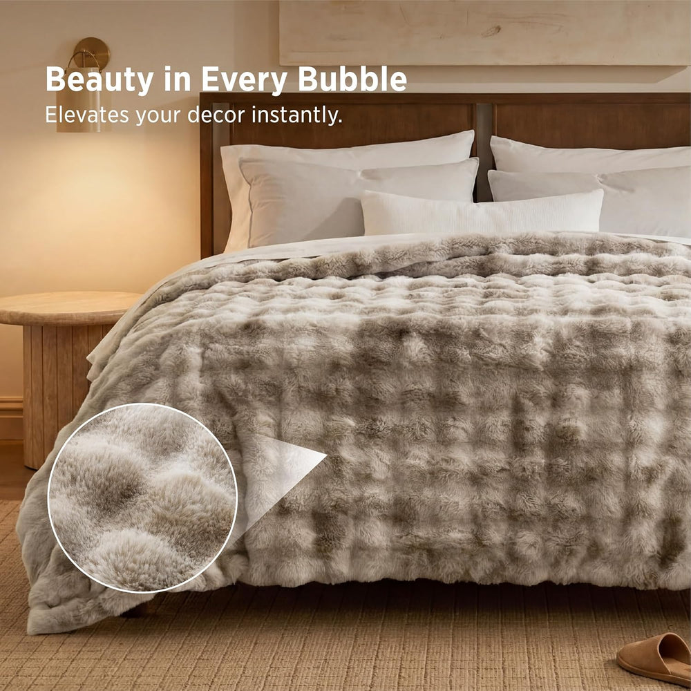 Bedsure Fluffy Bubble Faux Fur Queen Blanket, 90"x90", Tie-dye Taupe
