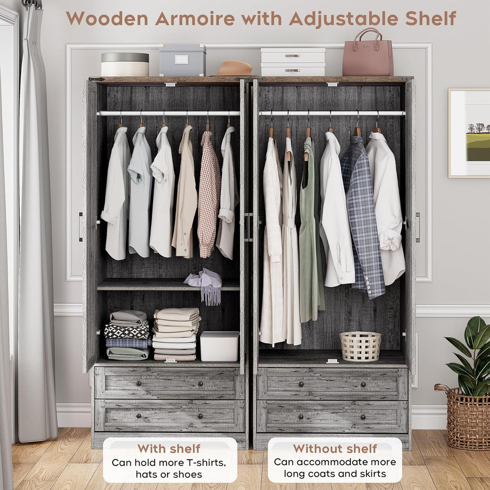 Brafab Wooden Armoire Wardrobe Closet with Drawers, Grey, 71" Tall,Set of 2